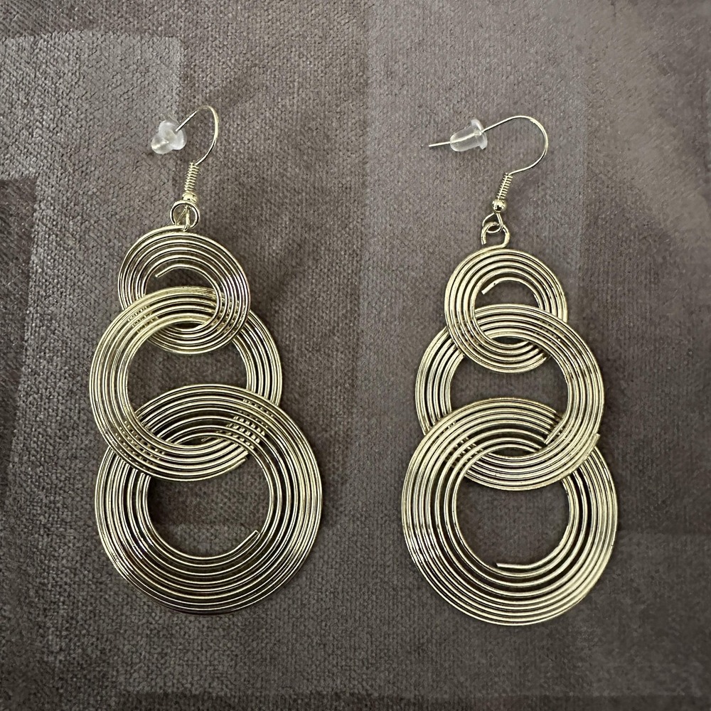 Gold Tone Triple Circle Dangle Earrings Womens 3 Inch Geometric Statement Boho